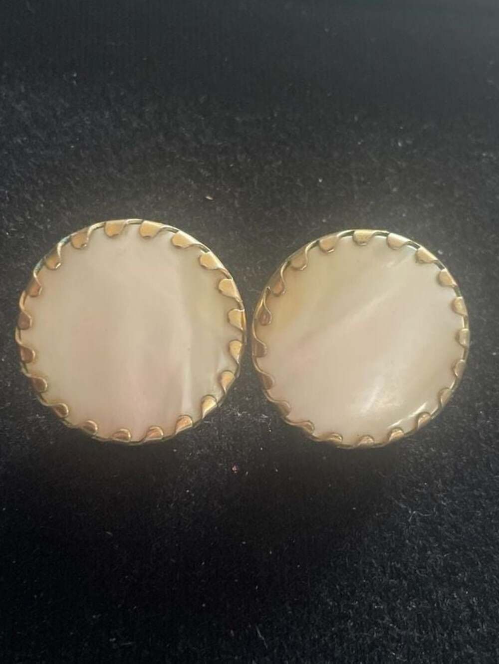 Vintage Sarah Coventry Gold Tone and Mother of Pearl Round Clip-On Earrings
